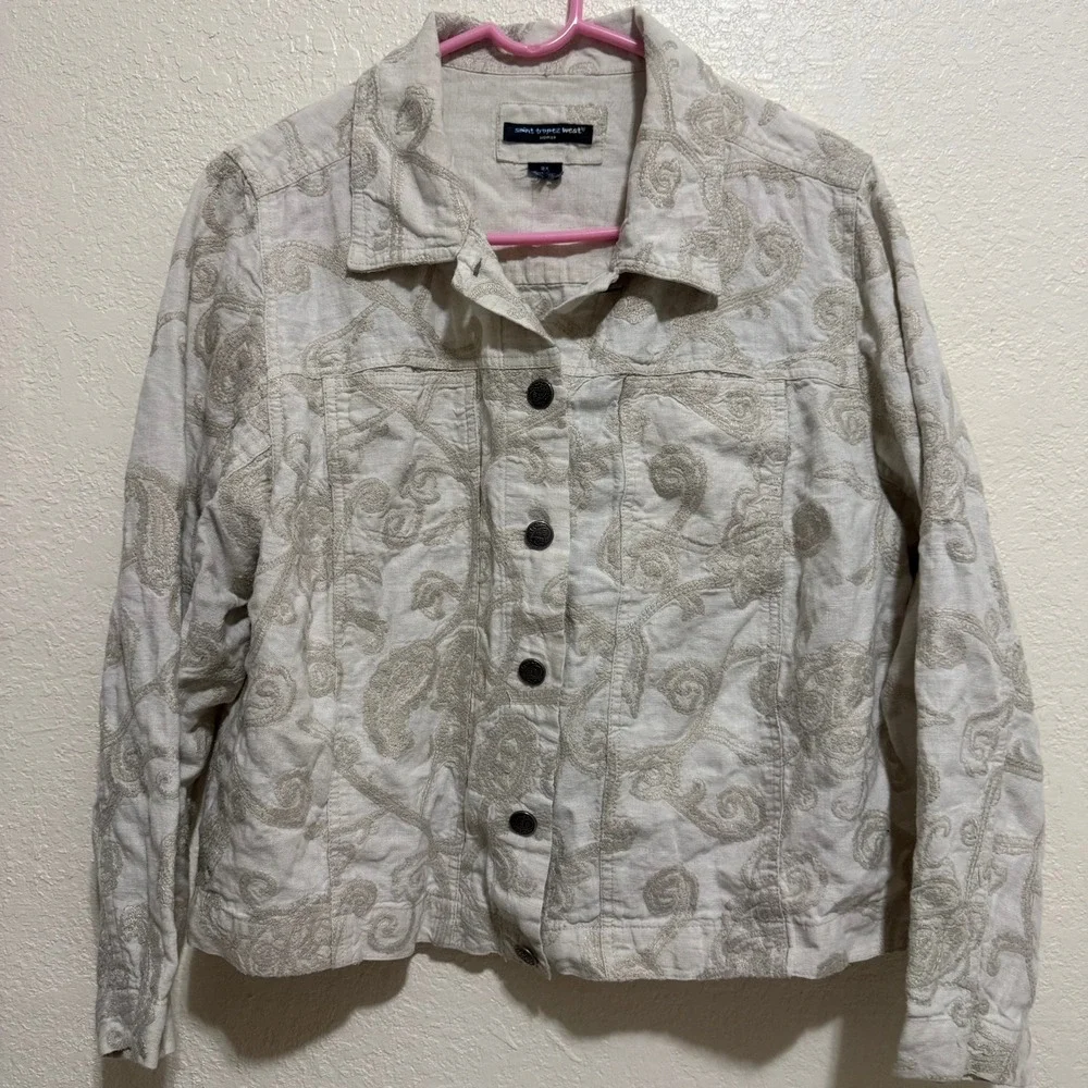 Saint Tropez West Linen Blend Embroidered Jacket Women's 2X‎ Beige Paisley